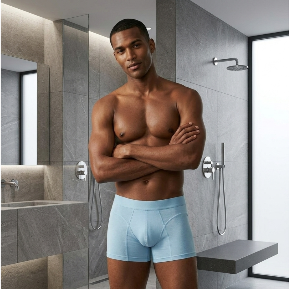 Man wearing men's hybrid boxer briefs - Mid Length - Light Blue (Blue Without You) - front view